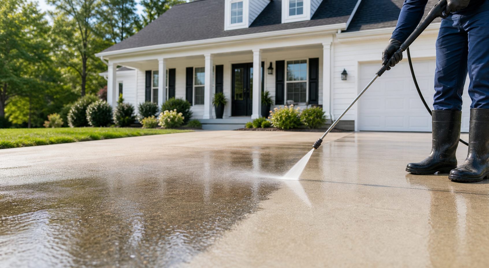 Pressure washing a residential driveway in front of a Carolina home
