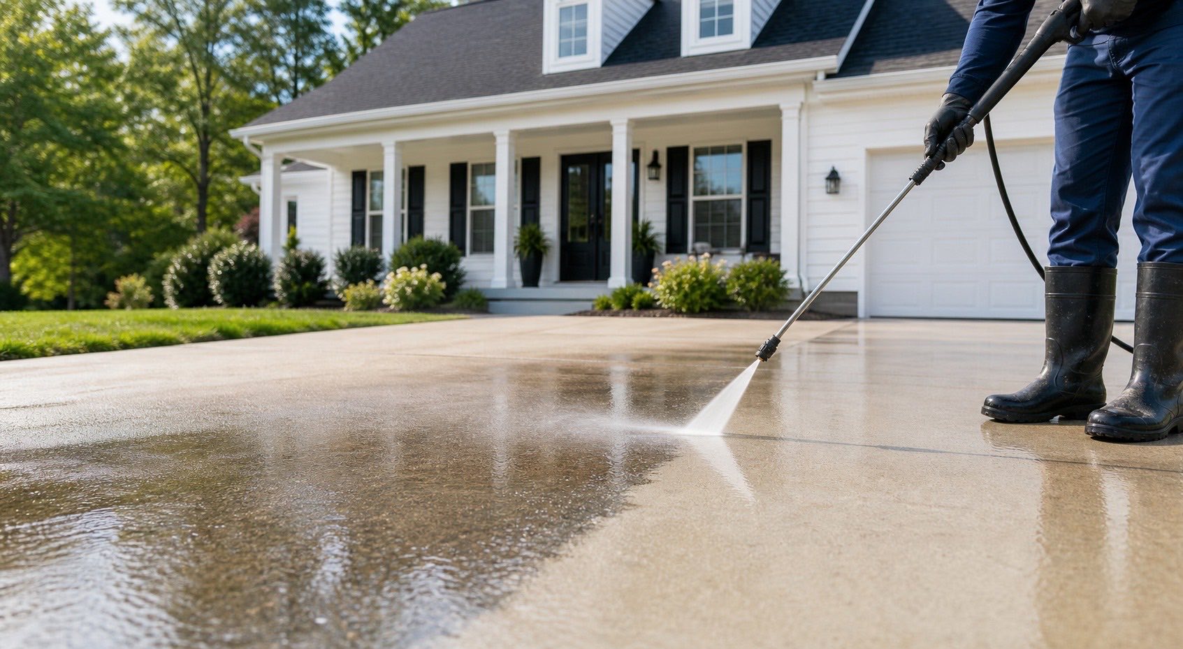 Pressure washing a residential driveway in front of a Carolina home