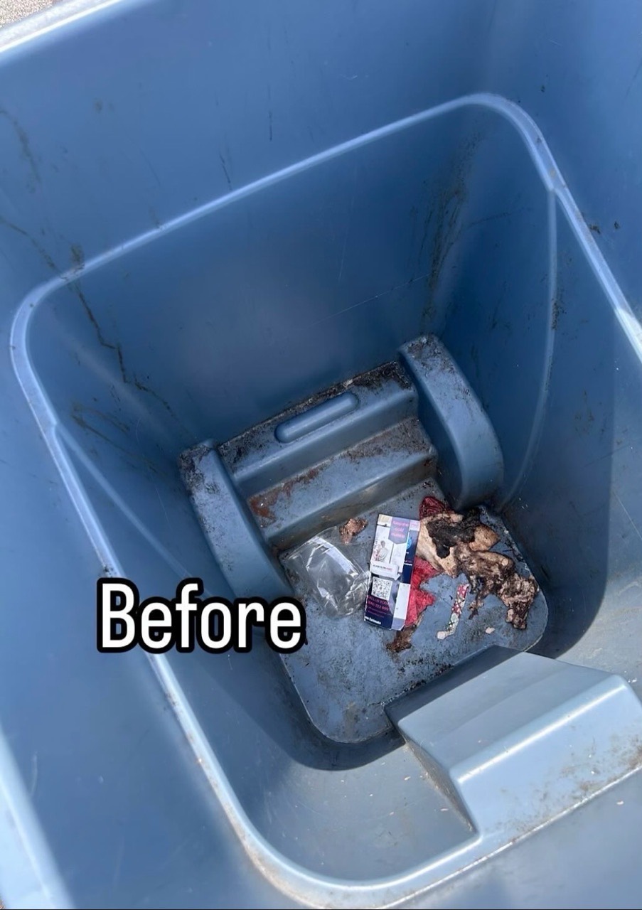 Outdoor trash bin before professional cleaning